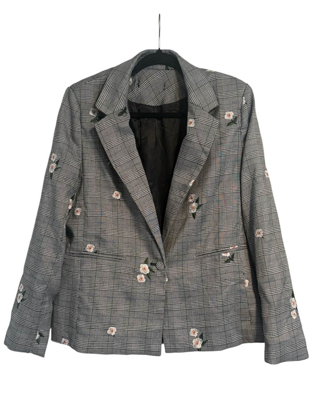 Gray Plaid Floral Embroidered Blazer (missing cuff button) SEE MEASUREMENTS